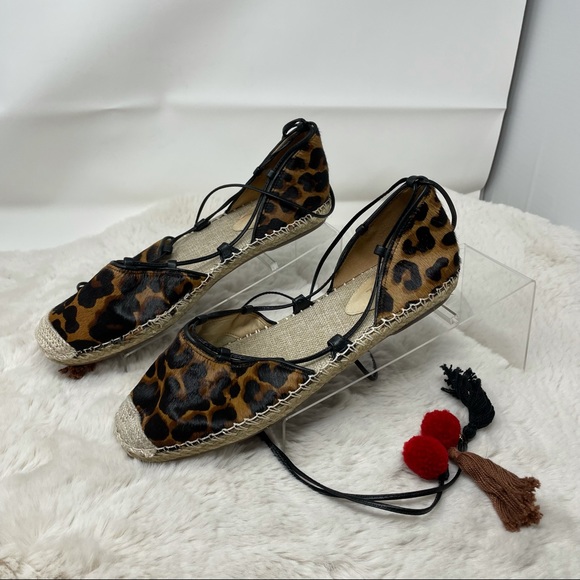 Schutz Espadrille Leopard Calf Hair Lace Up Tassel Boho Flats Size 9B - Picture 4 of 8